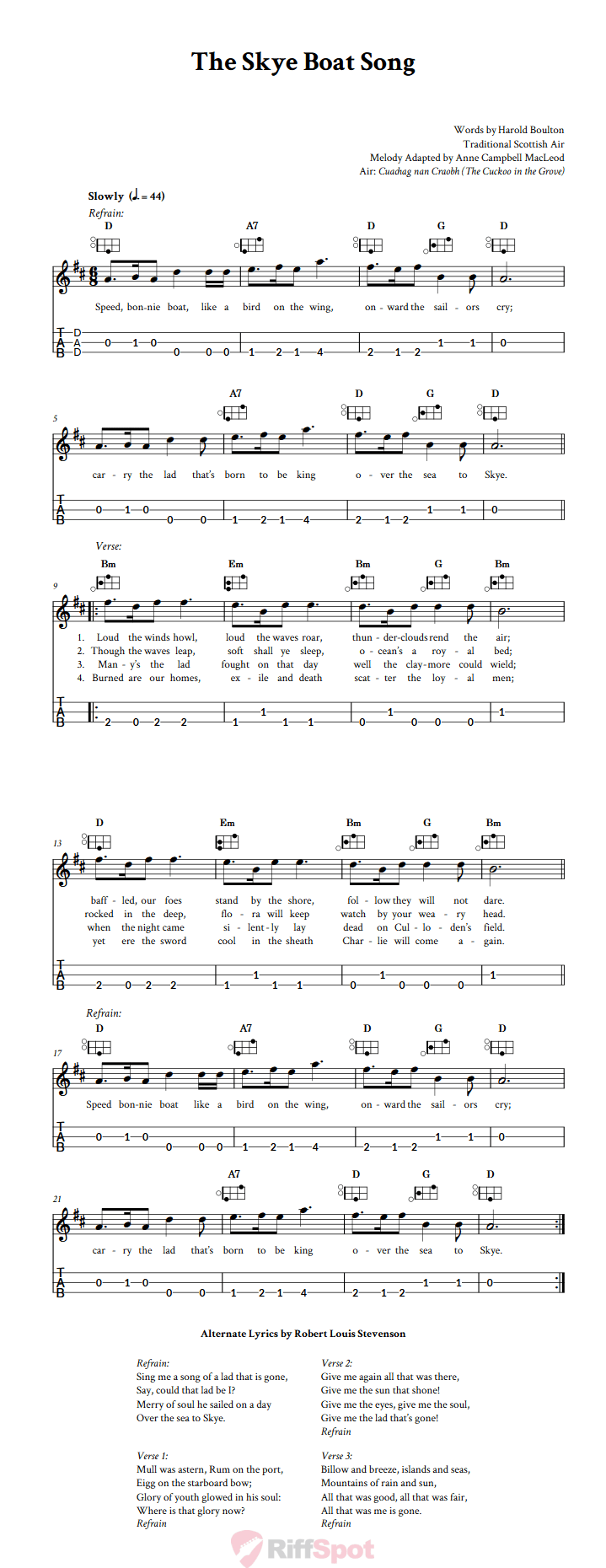 The Skye Boat Song Easy Mountain Dulcimer Tab (DAD Tuning)