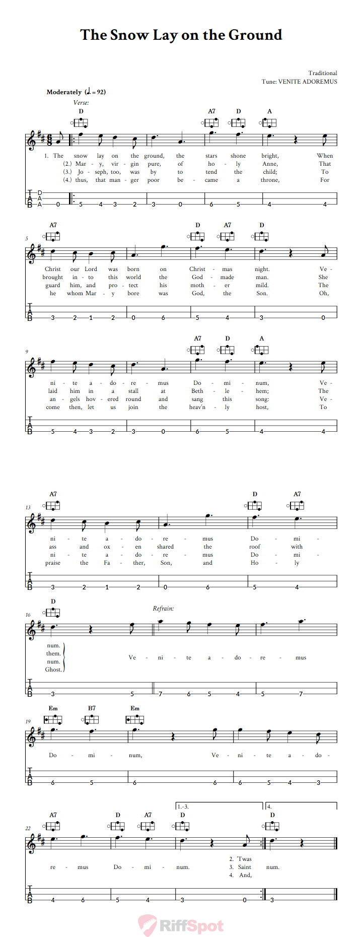 The Snow Lay on the Ground Easy Mountain Dulcimer Tab (DAA Tuning)