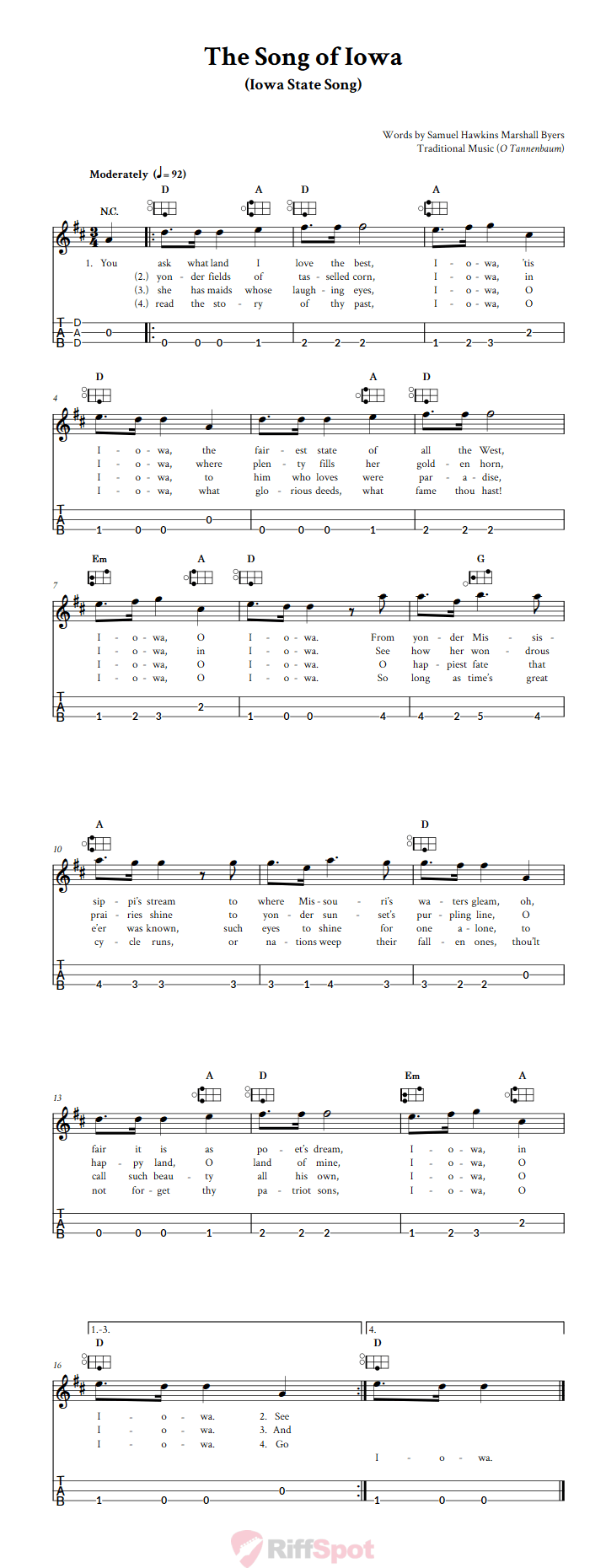 The Song of Iowa Easy Mountain Dulcimer Tab (DAD Tuning)