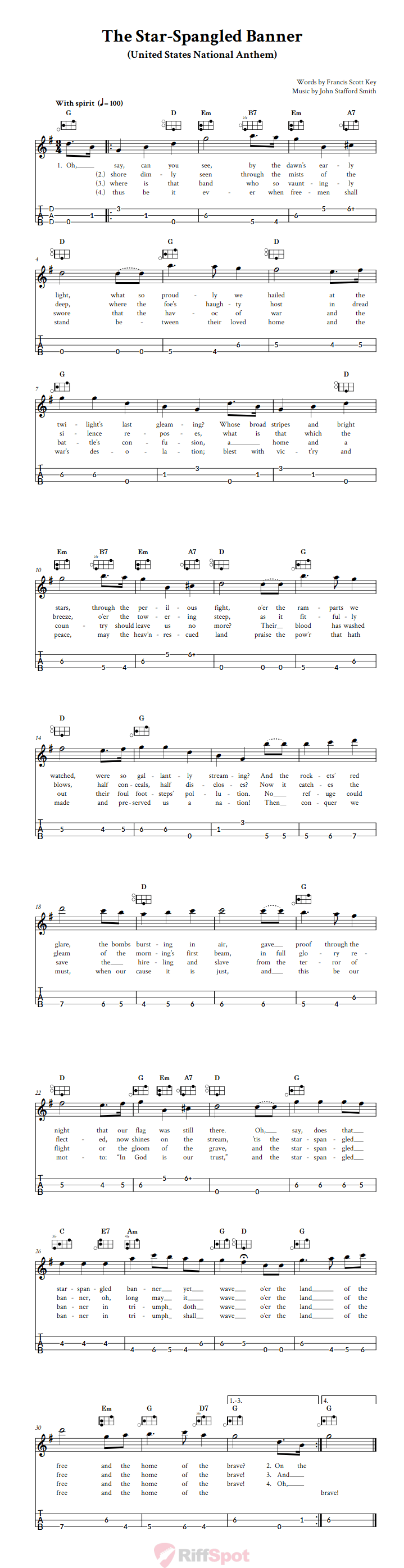 The Star-Spangled Banner Easy Mountain Dulcimer Tab (DAD Tuning)