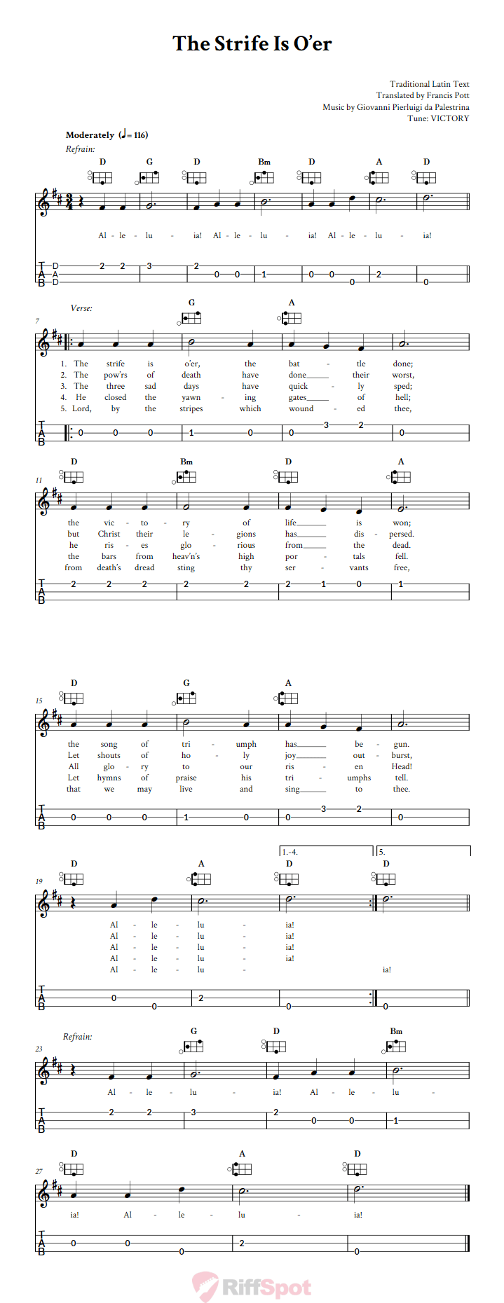 The Strife Is O'er Easy Mountain Dulcimer Tab (DAD Tuning)