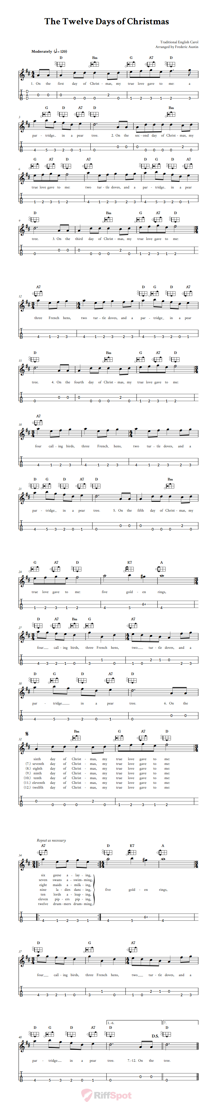 The Twelve Days of Christmas Easy Mountain Dulcimer Tab (DAD Tuning)