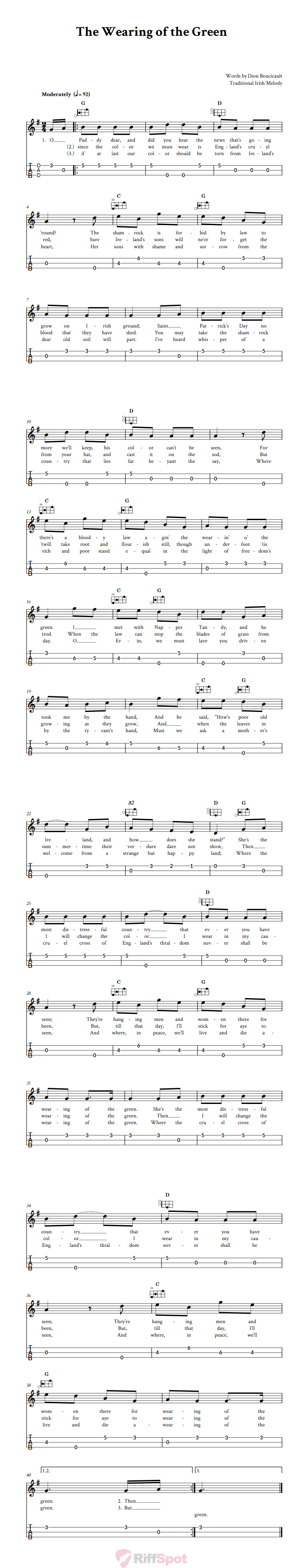 The Wearing of the Green Easy Mountain Dulcimer Tab (DAD Tuning)