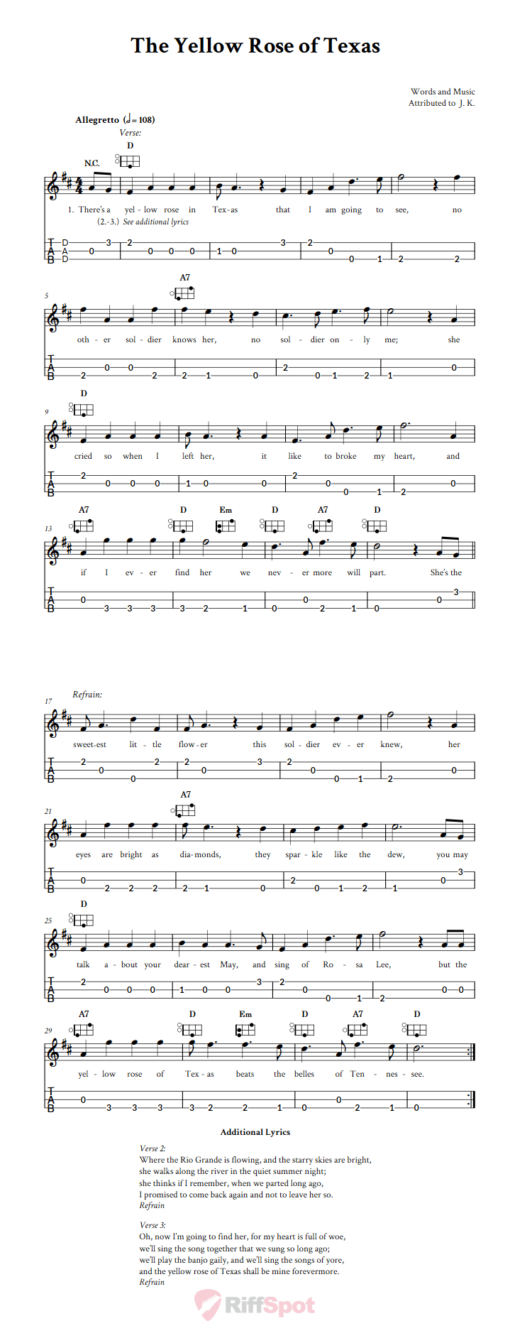 The Yellow Rose of Texas Easy Mountain Dulcimer Tab (DAD Tuning)