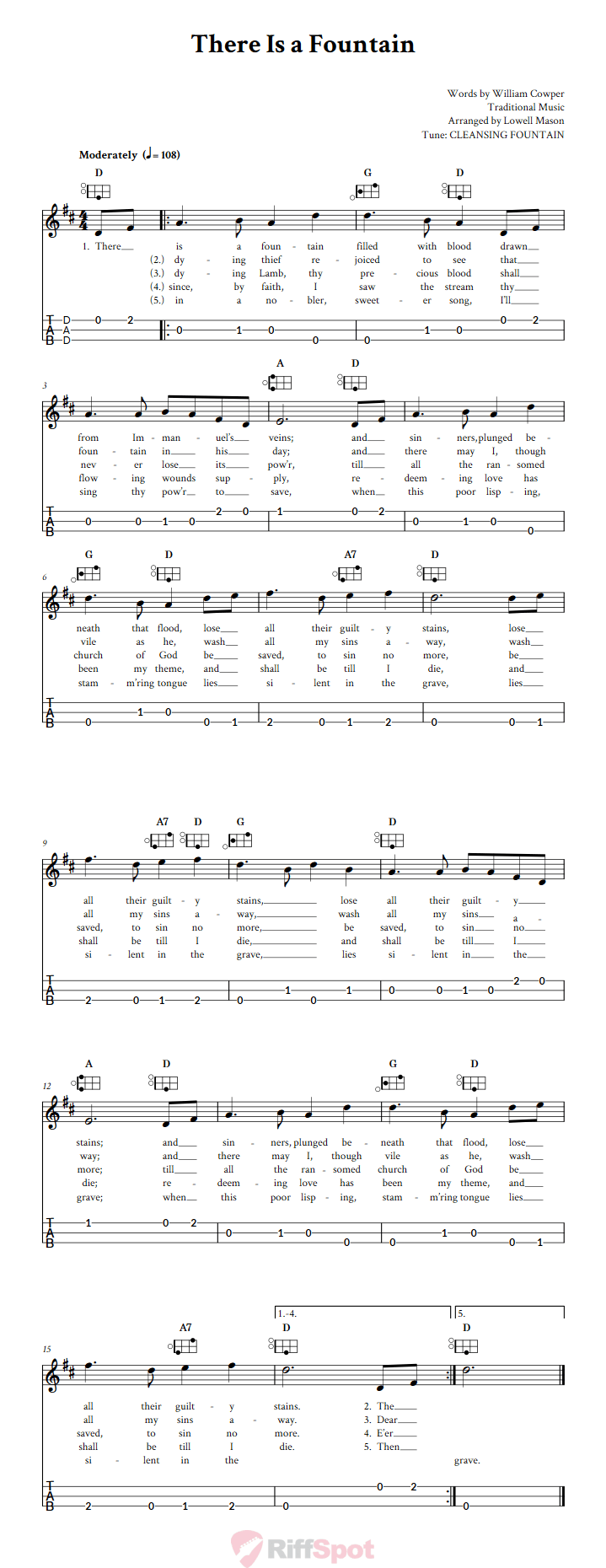 There Is a Fountain Easy Mountain Dulcimer Tab (DAD Tuning)