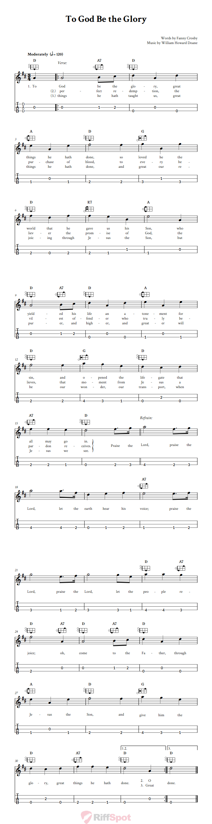 To God Be the Glory Easy Mountain Dulcimer Tab (DAD Tuning)