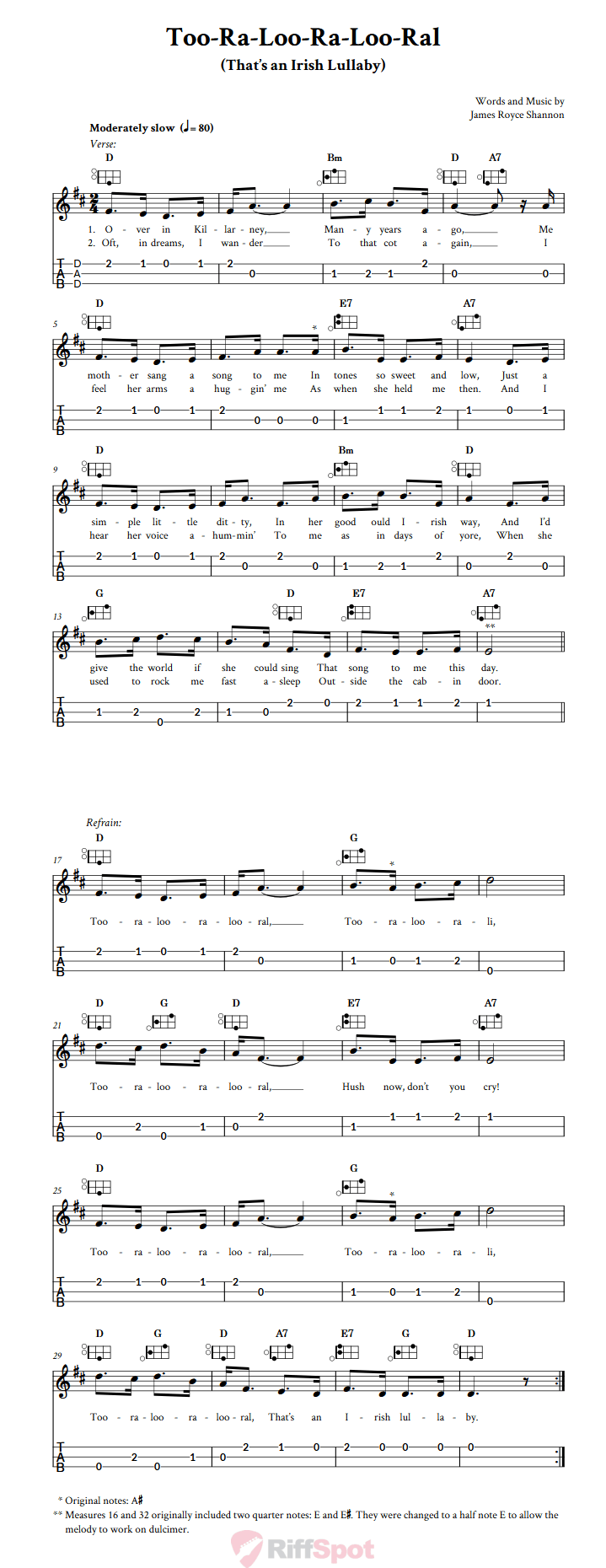 Too-Ra-Loo-Ra-Loo-Ral (That's an Irish Lullaby) Easy Mountain Dulcimer Tab (DAD Tuning)
