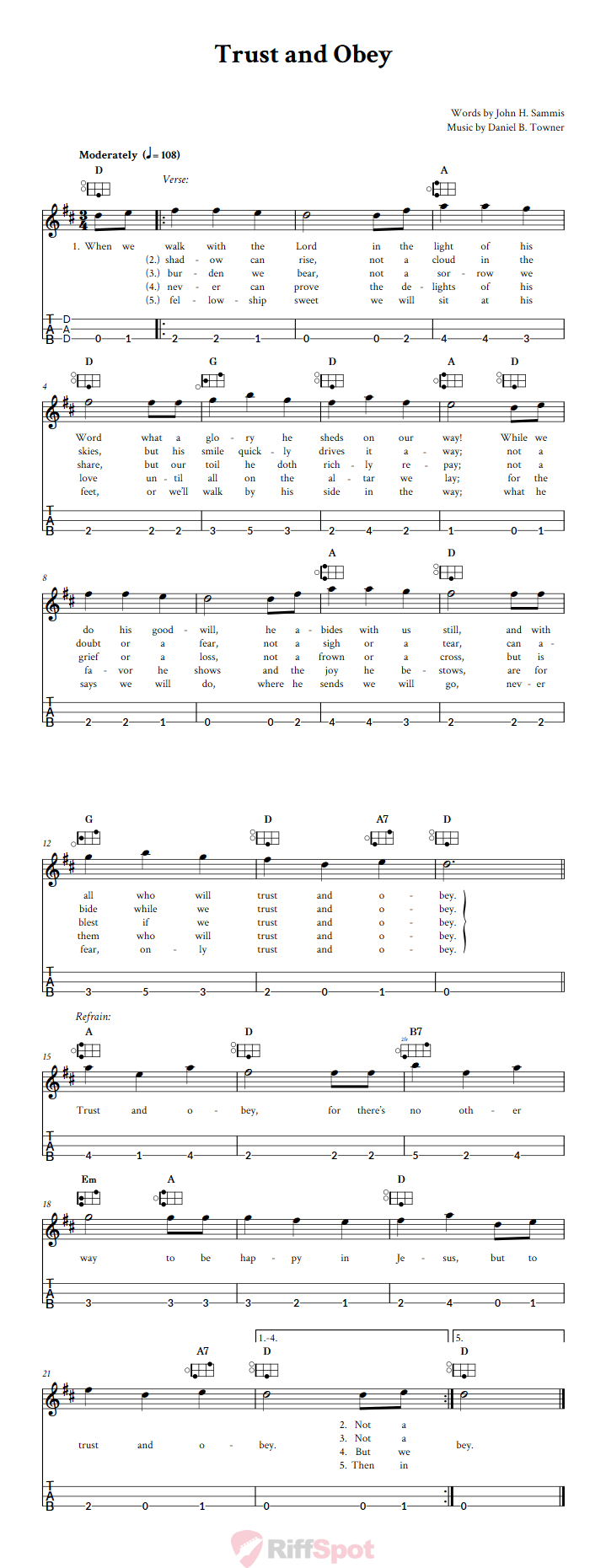 Trust and Obey Easy Mountain Dulcimer Tab (DAD Tuning)