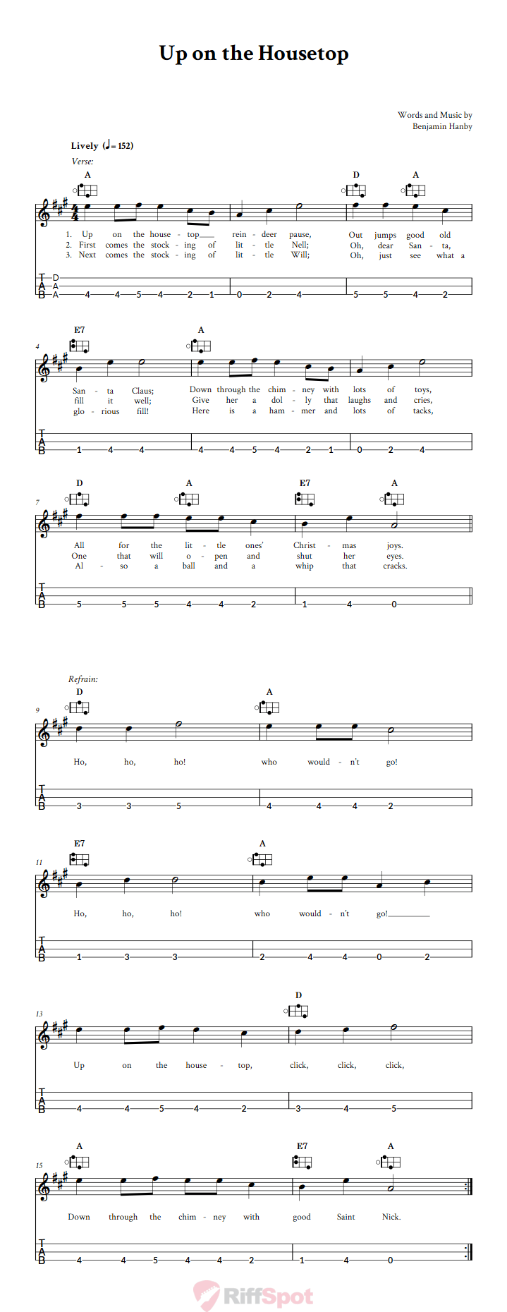 Up on the Housetop Easy Mountain Dulcimer Tab (DAA Tuning)