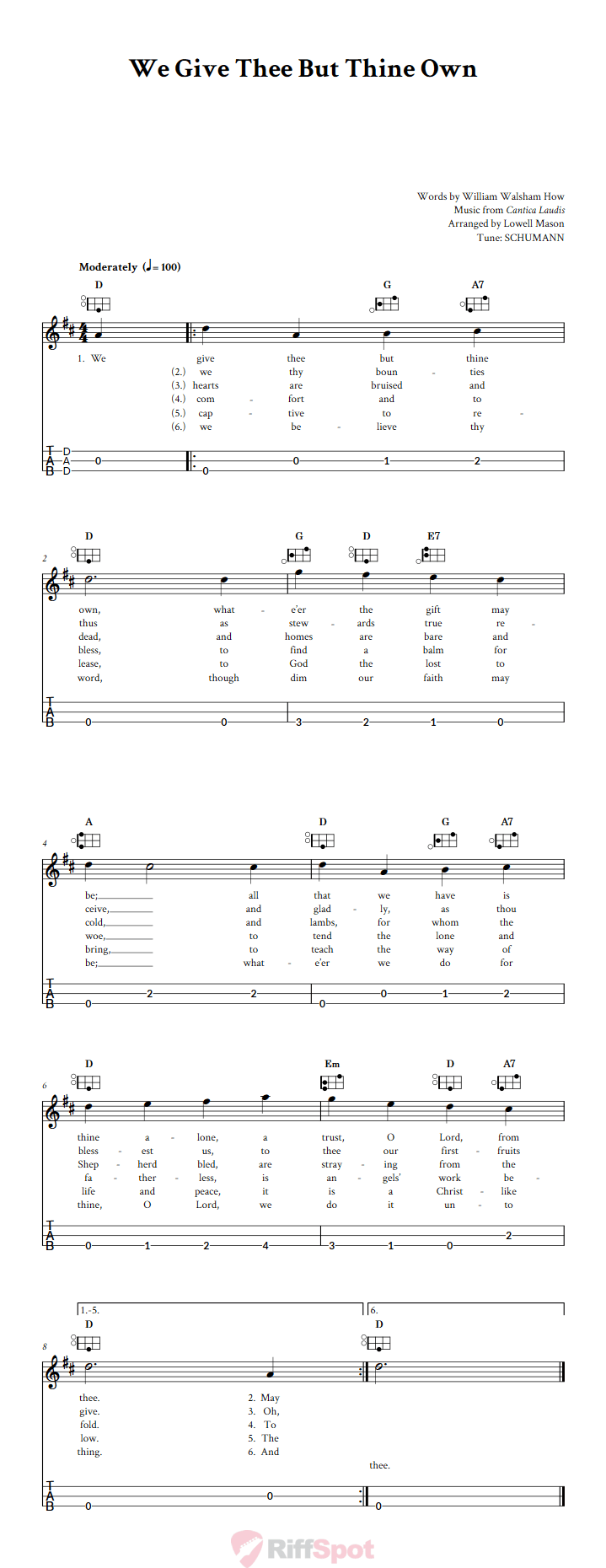 We Give Thee But Thine Own Easy Mountain Dulcimer Tab (DAD Tuning)