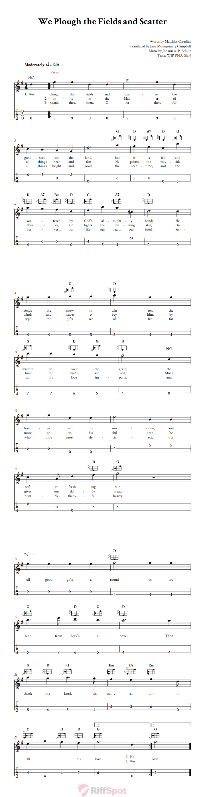 We Plough the Fields and Scatter Easy Mountain Dulcimer Tab (DAD Tuning)