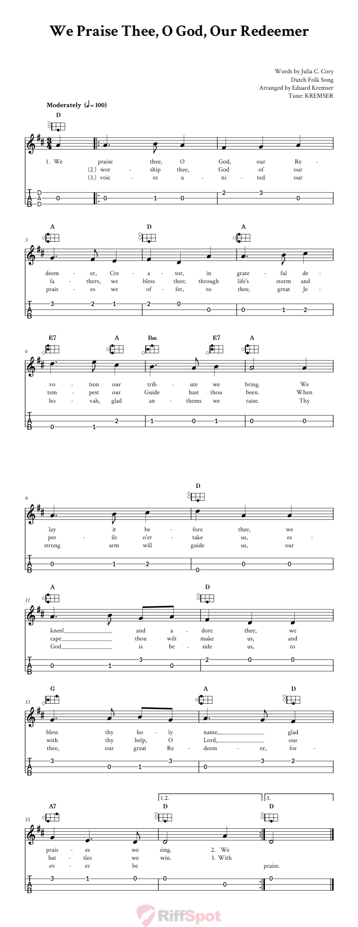 We Praise Thee, O God, Our Redeemer Easy Mountain Dulcimer Tab (DAD Tuning)