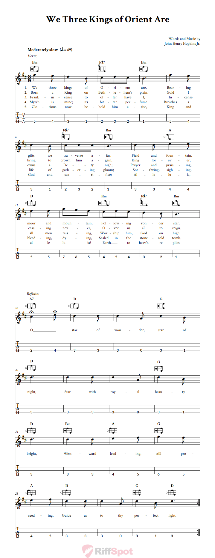 We Three Kings of Orient Are Easy Mountain Dulcimer Tab (DAA Tuning)