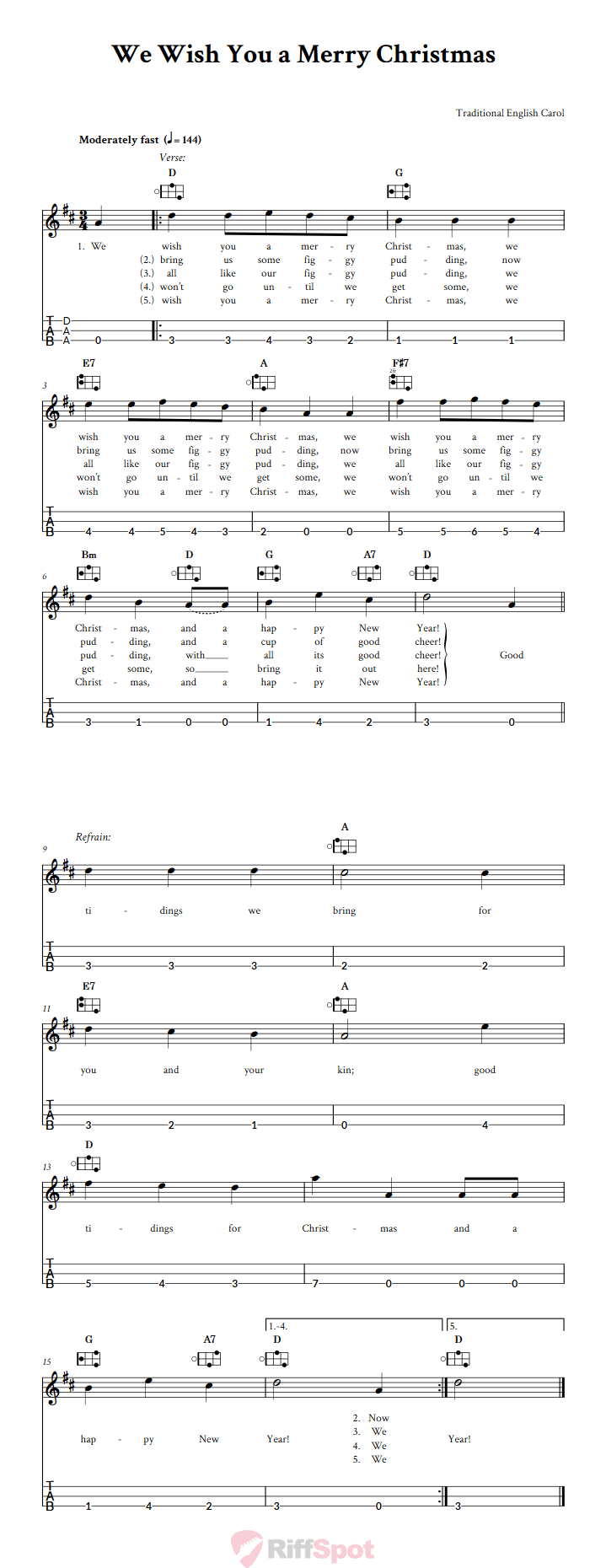 We Wish You a Merry Christmas Easy Mountain Dulcimer Tab (DAA Tuning)