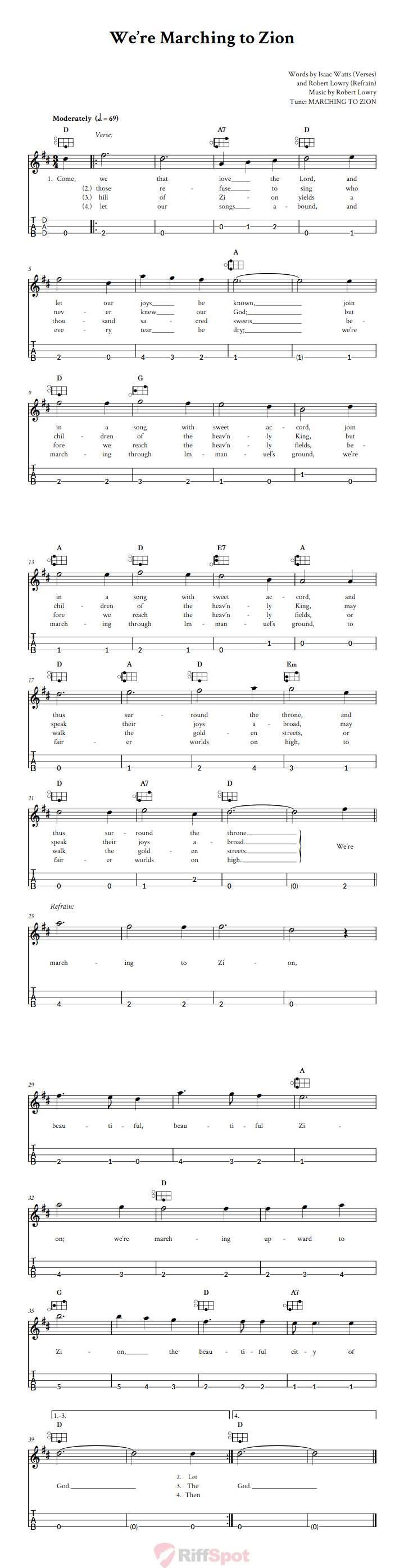 We're Marching to Zion Easy Mountain Dulcimer Tab (DAD Tuning)