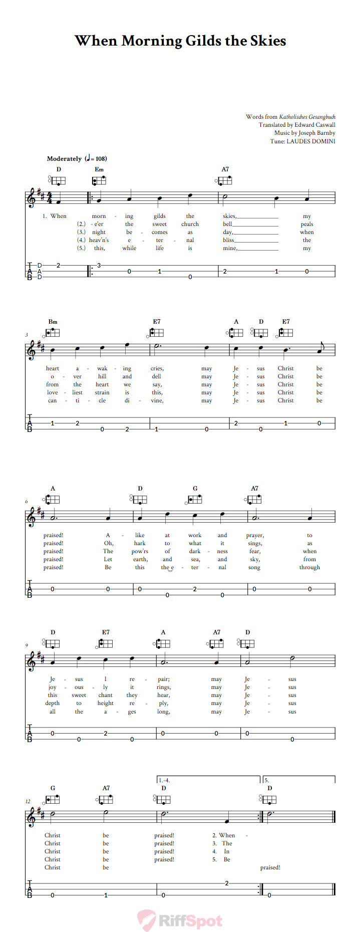 When Morning Gilds the Skies Easy Mountain Dulcimer Tab (DAD Tuning)