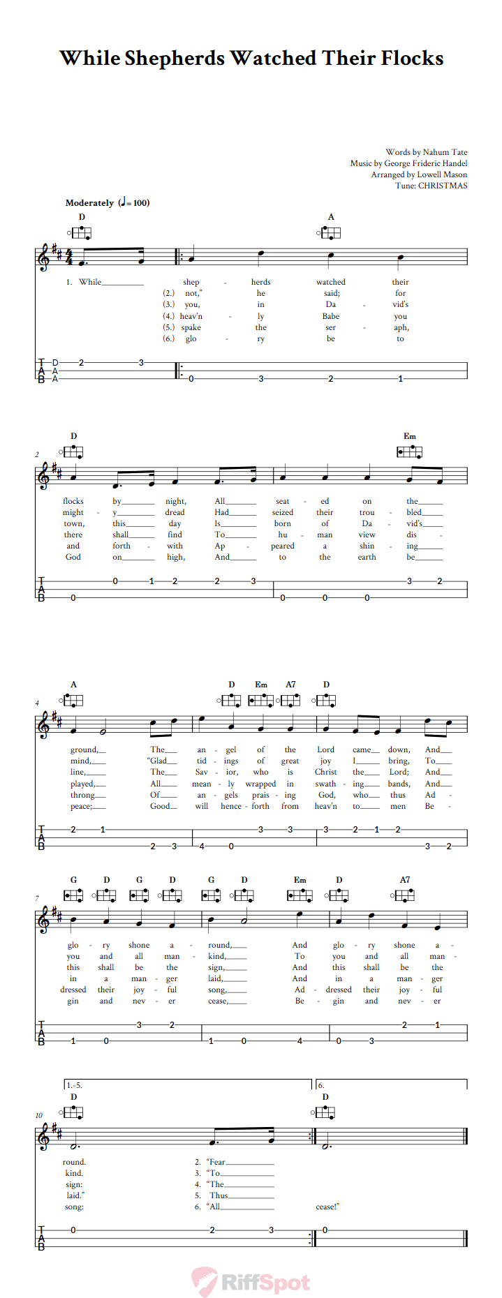 While Shepherds Watched Their Flocks Easy Mountain Dulcimer Tab (DAA Tuning)