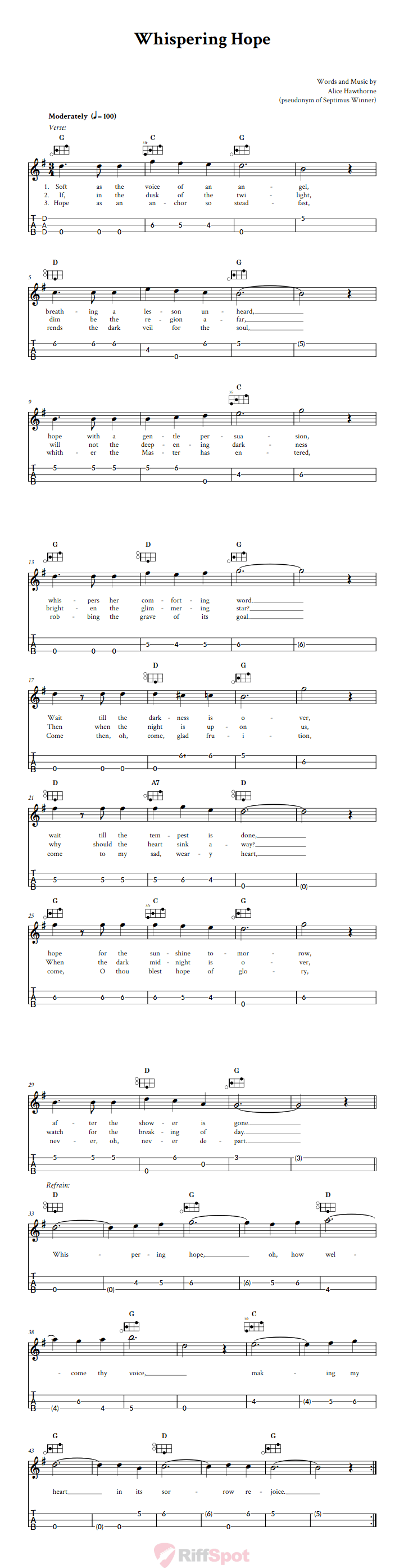 Whispering Hope Easy Mountain Dulcimer Tab (DAD Tuning)