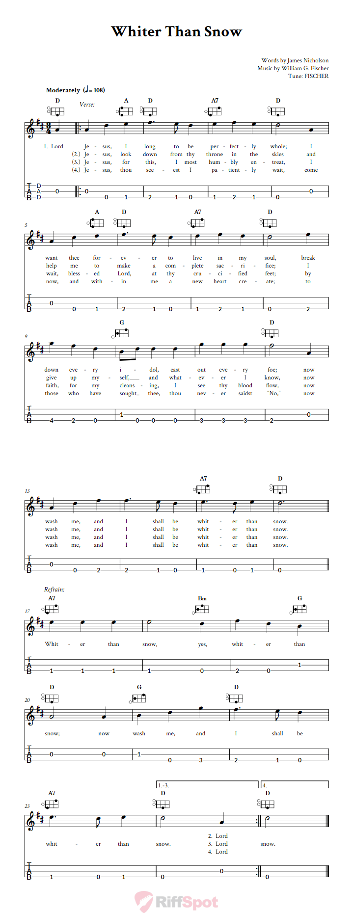Whiter Than Snow Easy Mountain Dulcimer Tab (DAD Tuning)