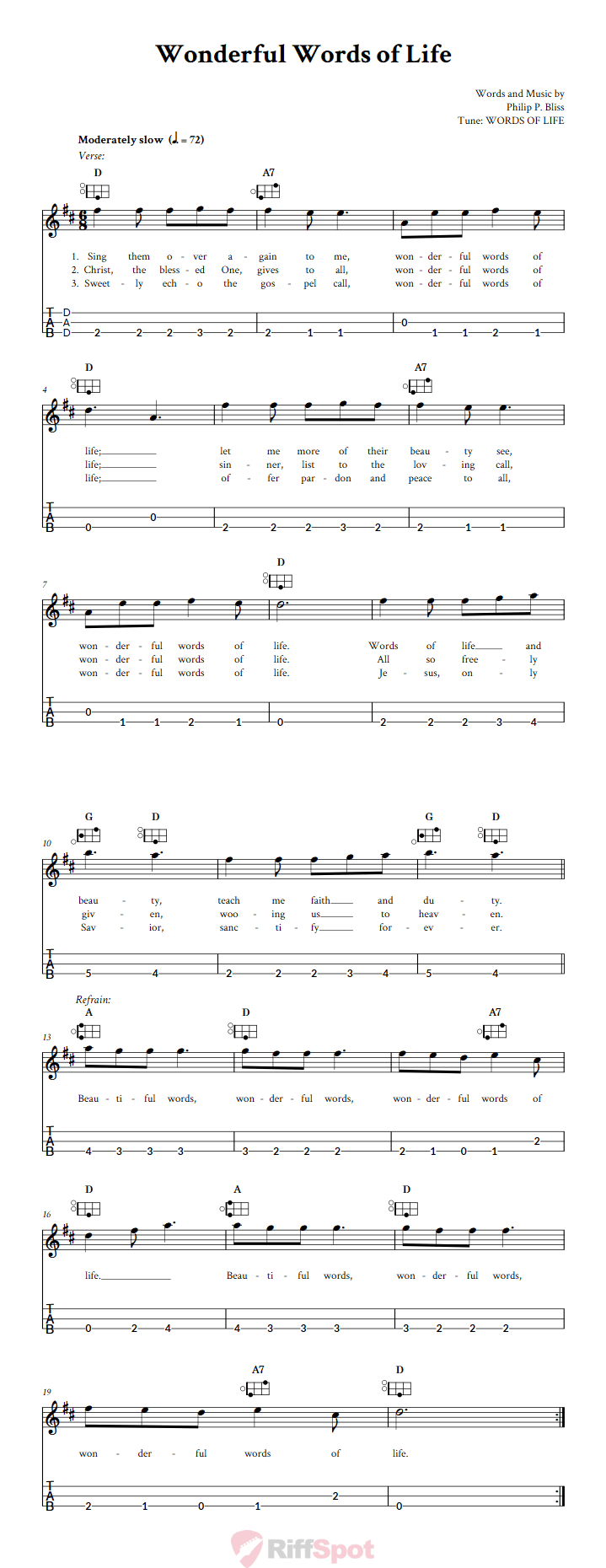 Wonderful Words of Life Easy Mountain Dulcimer Tab (DAD Tuning)