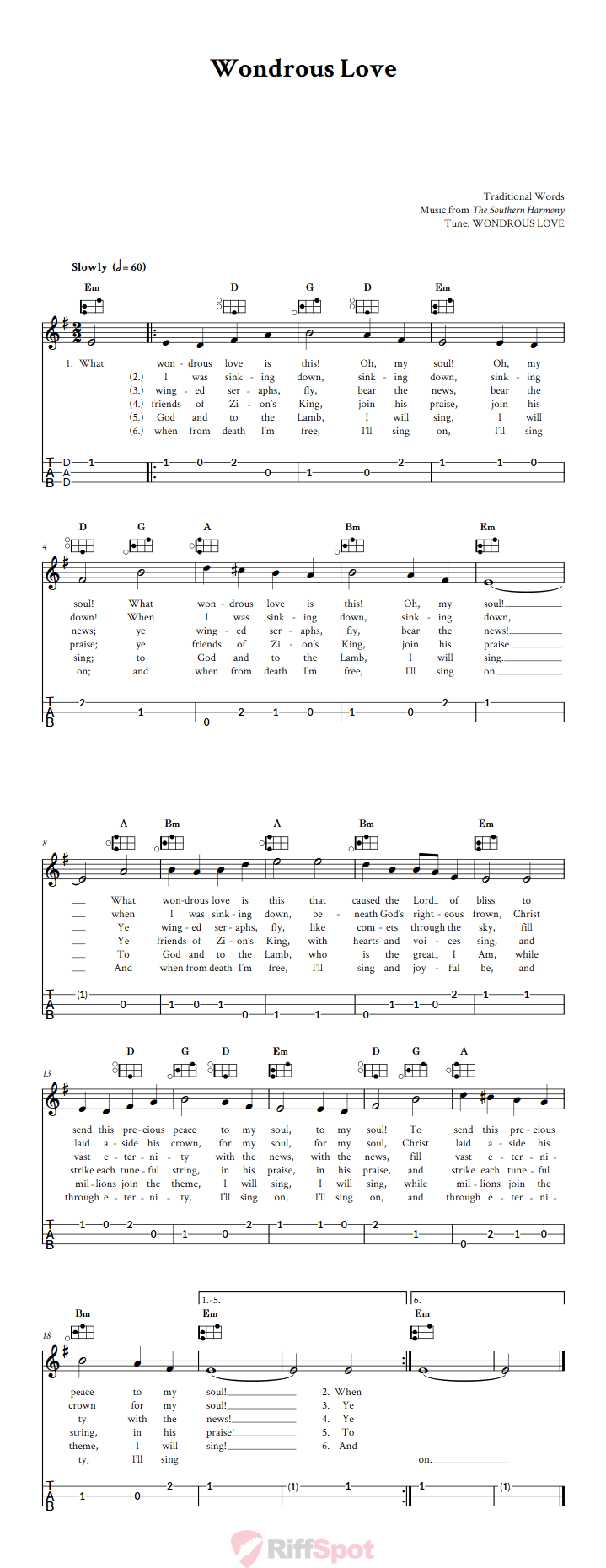 Wondrous Love Easy Mountain Dulcimer Tab (DAD Tuning)