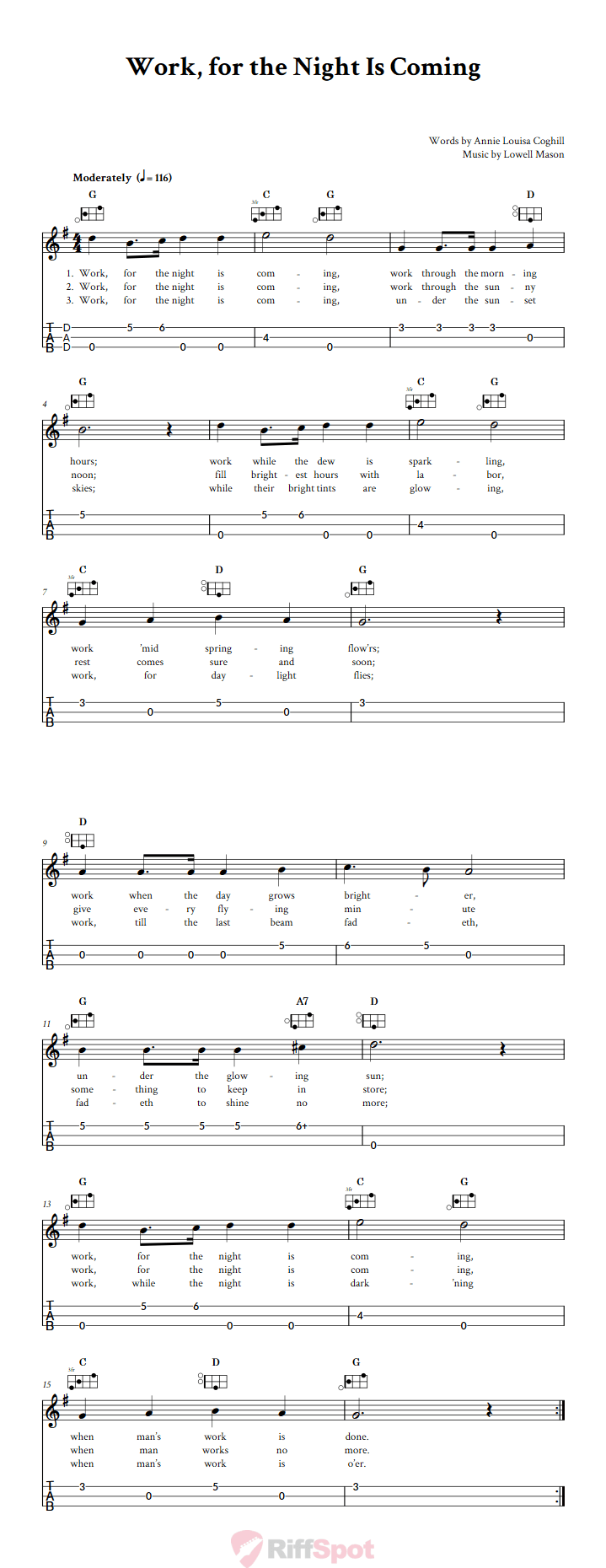 Work, for the Night Is Coming Easy Mountain Dulcimer Tab (DAD Tuning)