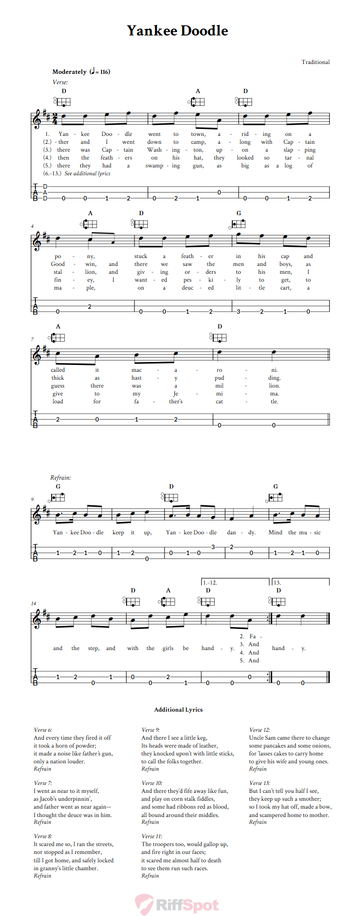 Yankee Doodle Easy Mountain Dulcimer Tab (DAD Tuning)