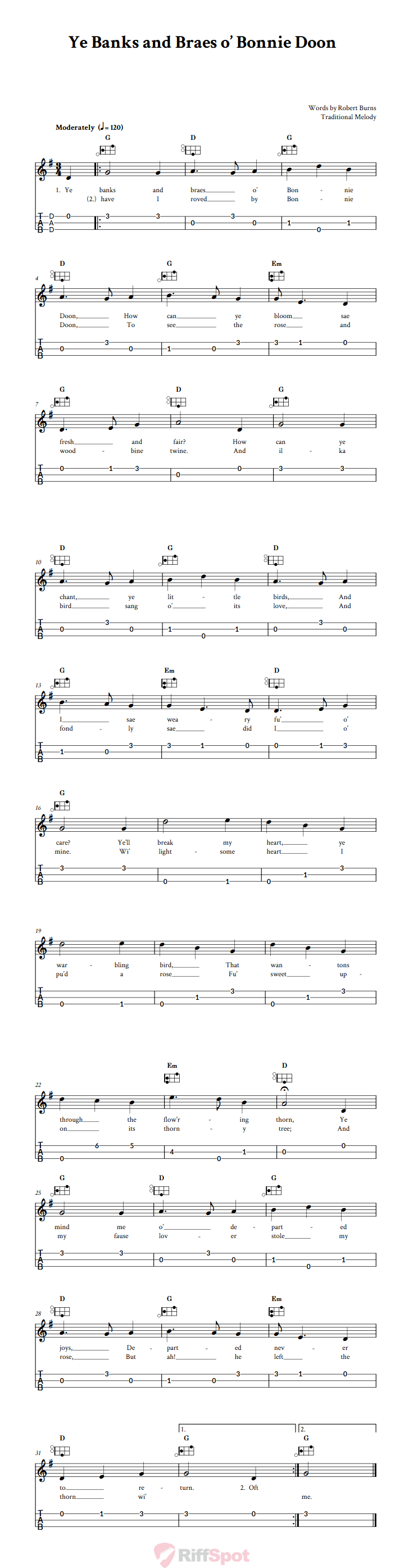 Ye Banks And Braes o' Bonnie Doon Easy Mountain Dulcimer Tab (DAD Tuning)