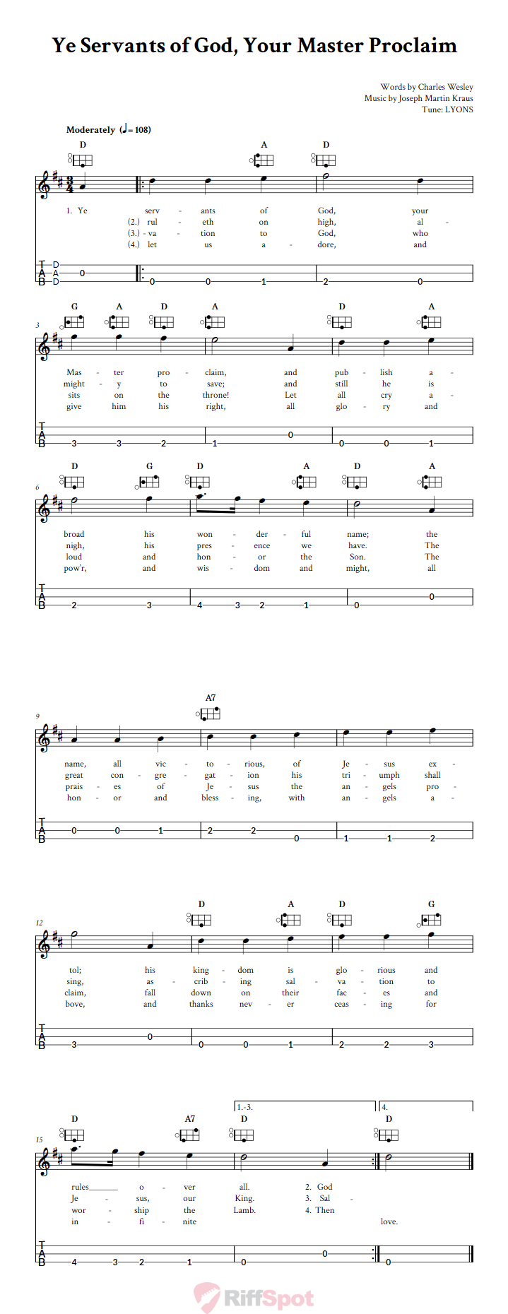 Ye Servants of God, Your Master Proclaim Easy Mountain Dulcimer Tab (DAD Tuning)
