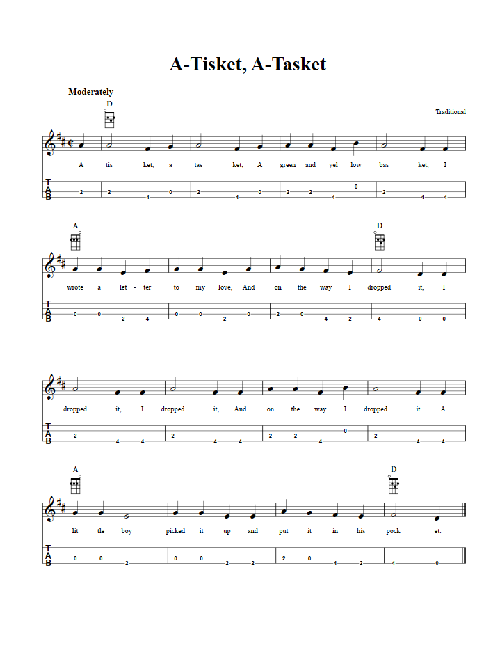 A Tisket A Tasket Chords Sheet Music And Tab For Baritone Ukulele With Lyrics