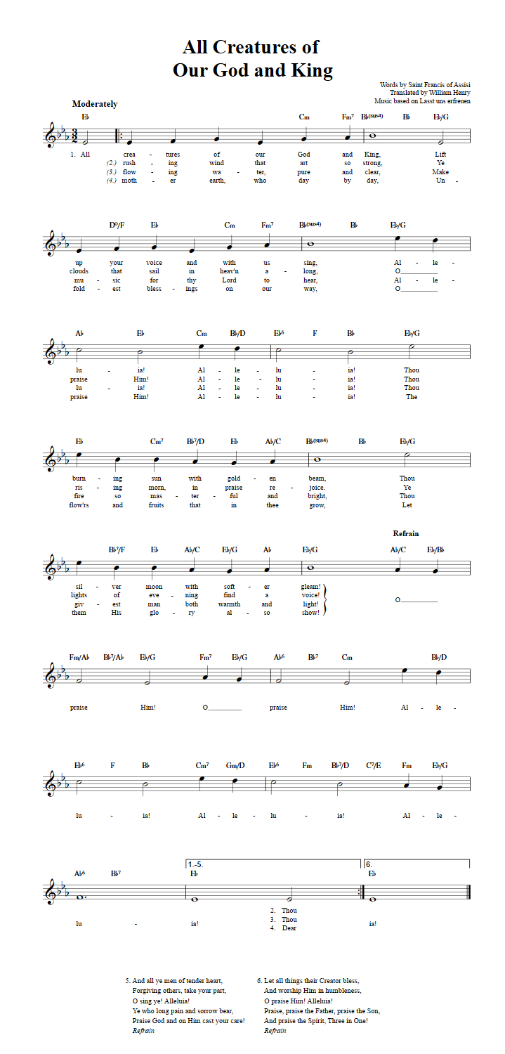 All creatures of our god and king chords lyrics and sheet music for