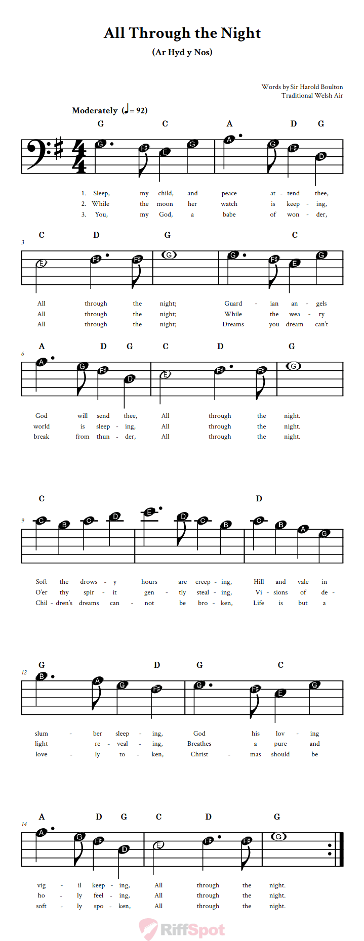 All Through the Night: Beginner Bass Clef Sheet Music with Chords and ...