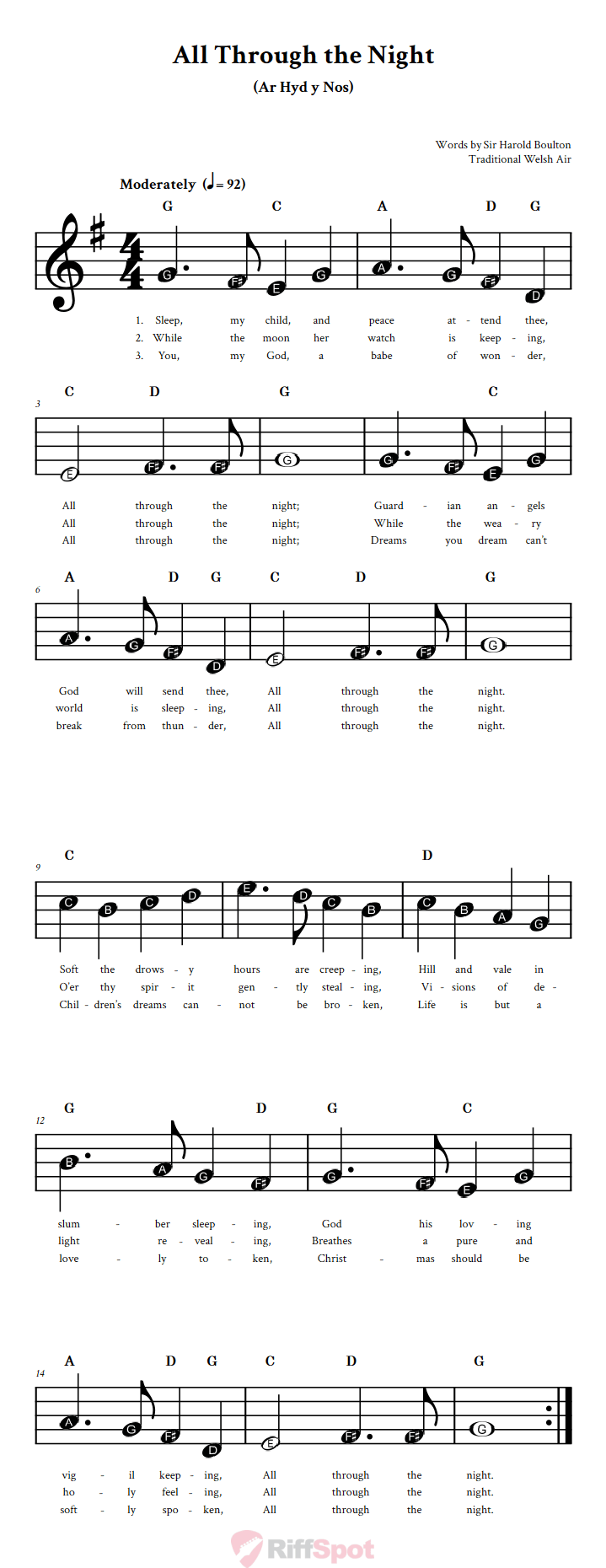 All Through the Night: Beginner Sheet Music with Chords and Lyrics
