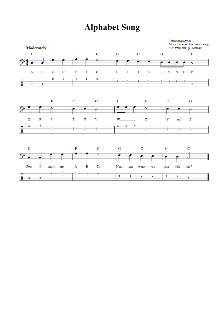 Alphabet Song: Chords, Sheet Music, and Tab for Bass Guitar with Lyrics