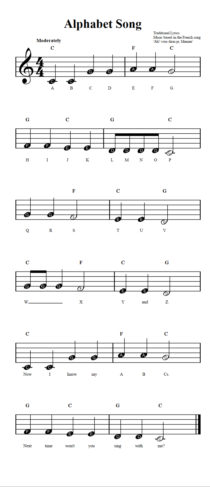 Alphabet Song: Beginner Sheet Music with Chords and Lyrics
