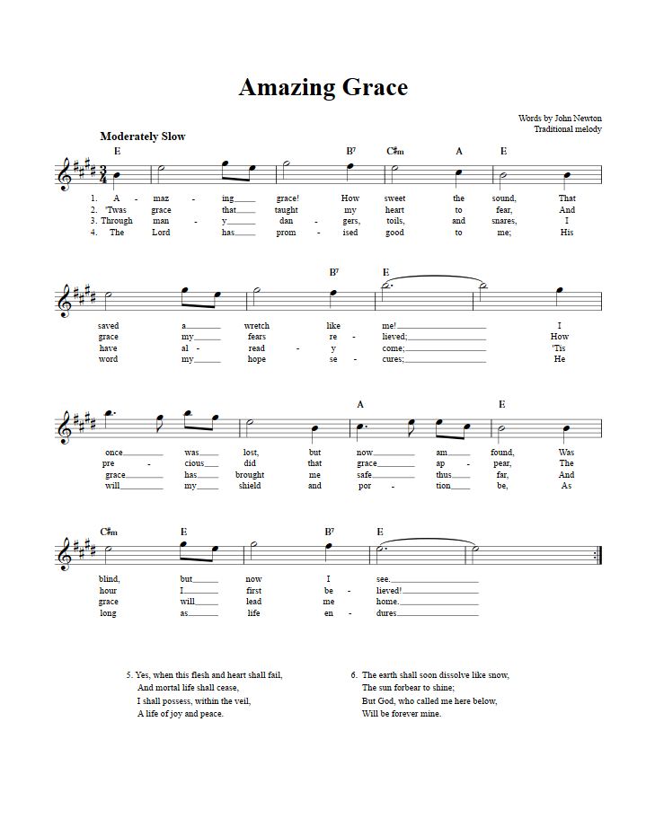 Amazing Grace: Chords, Lyrics, and Sheet Music for E-Flat Instruments