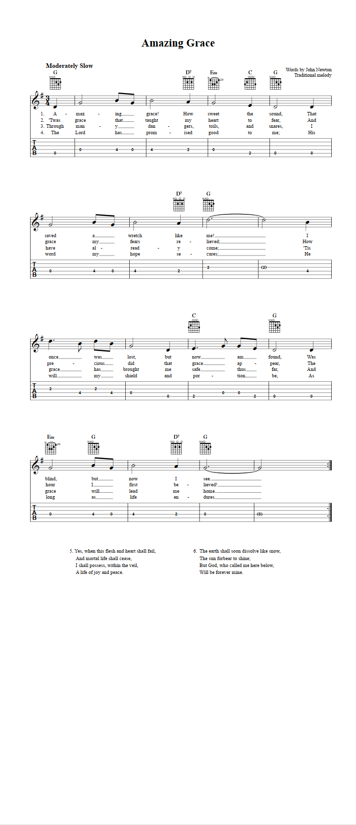 Amazing Grace Chords Sheet Music And Tab For Guitalele With Lyrics