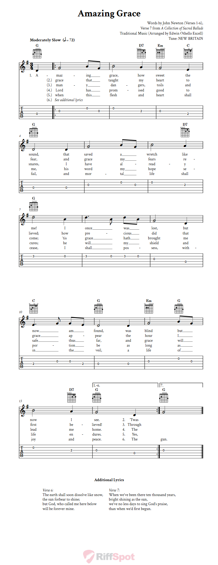 Amazing Grace Chords Sheet Music And Tab For Guitar With Lyrics