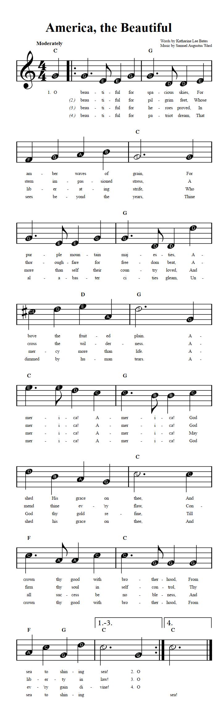 america the beautiful beginner sheet music with chords and lyrics