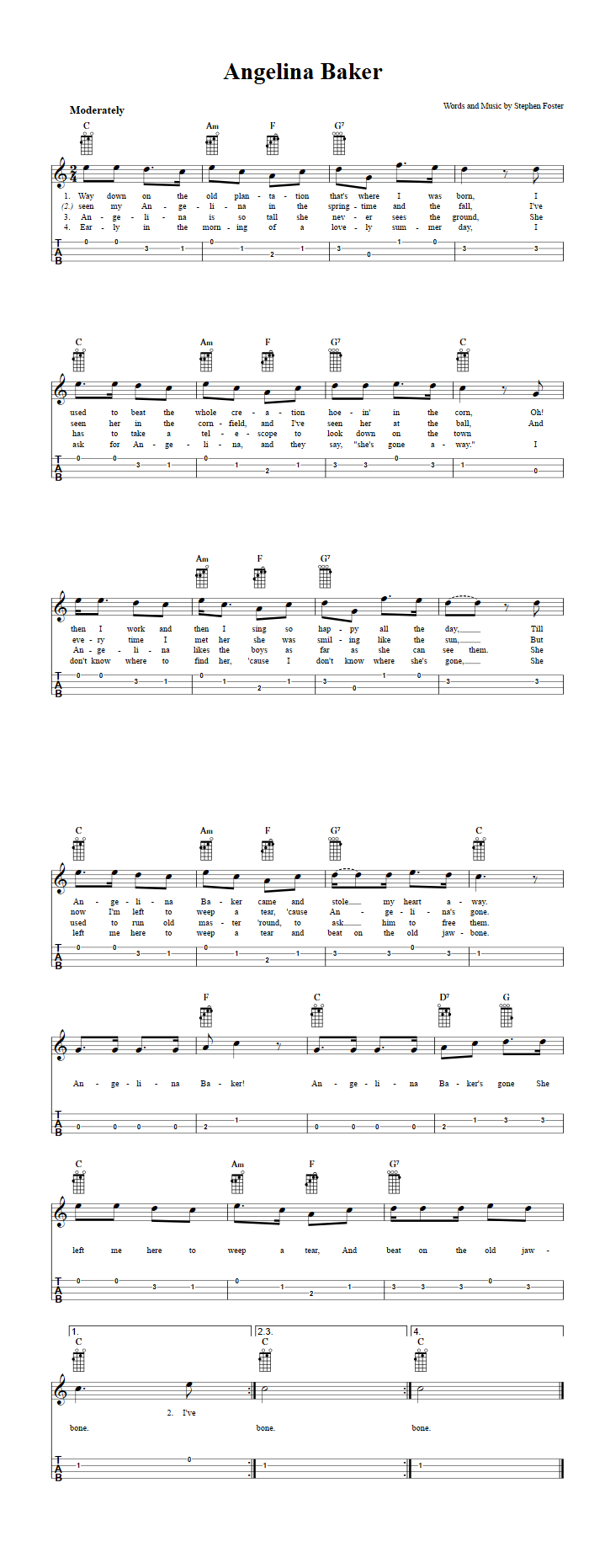 Angelina Baker Chords, Sheet Music, and Tab for Baritone Ukulele with