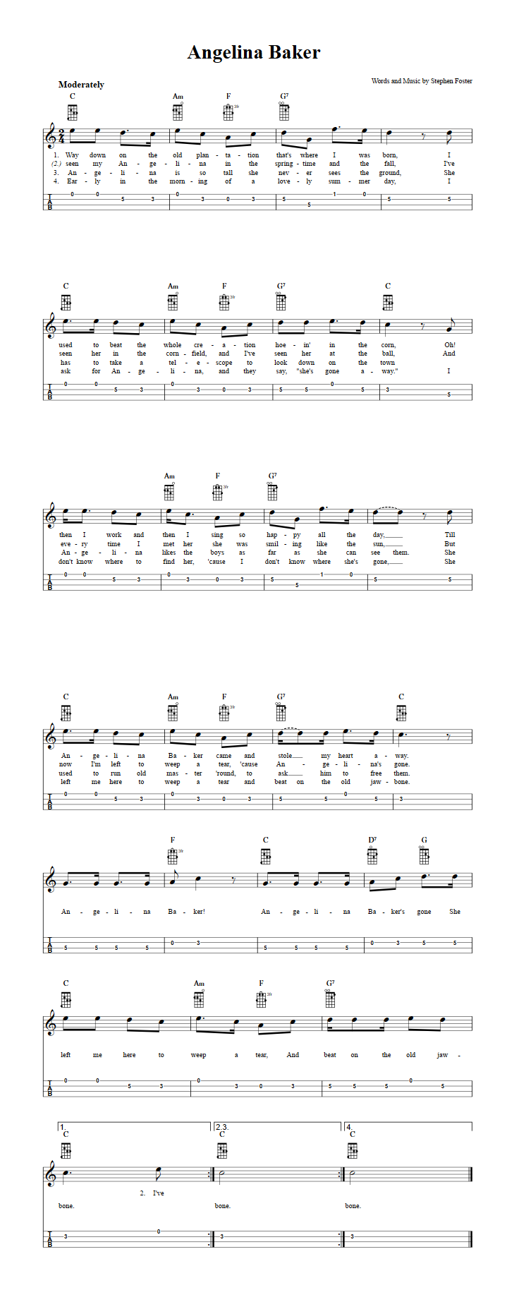 Angelina Baker Chords Sheet Music And Tab For Mandolin With Lyrics