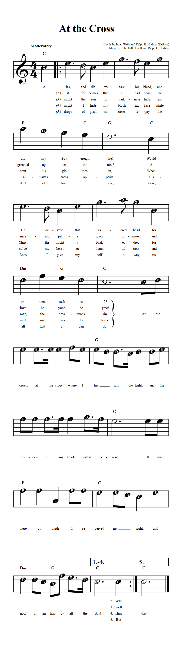At the Cross: Beginner Sheet Music with Chords and Lyrics