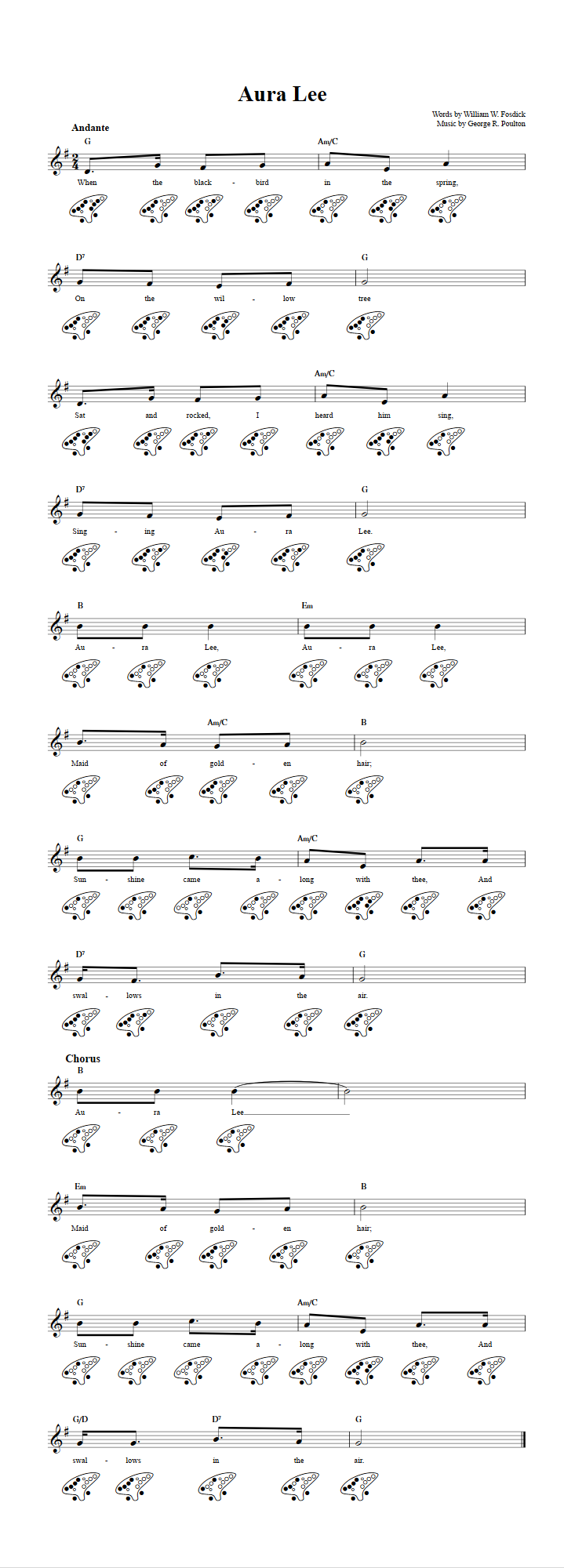 Aura Lee Chords Sheet Music And Tab For 12 Hole Ocarina With Lyrics 