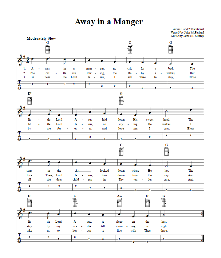 Away in a Manger: Chords, Sheet Music, and Tab for Baritone Ukulele with Lyrics