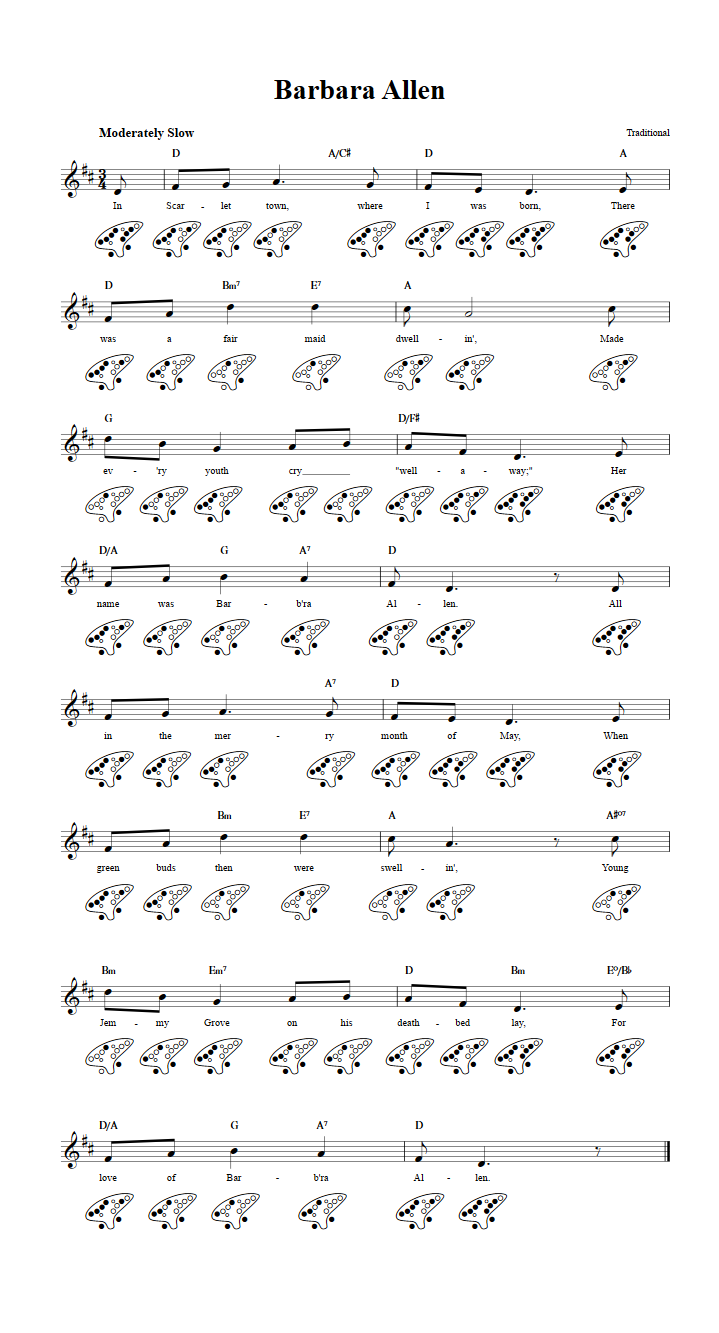 Barbara Allen: Chords, Sheet Music, and Tab for 12 Hole Ocarina with Lyrics