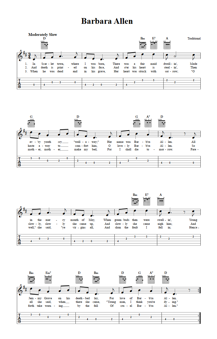 Barbara Allen Chords, Sheet Music, and Tab for Guitar with Lyrics