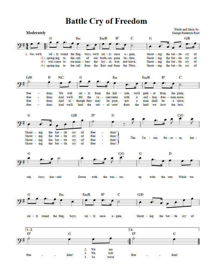 Battle Cry Of Freedom: Chords, Lyrics, And Bass Clef Sheet Music