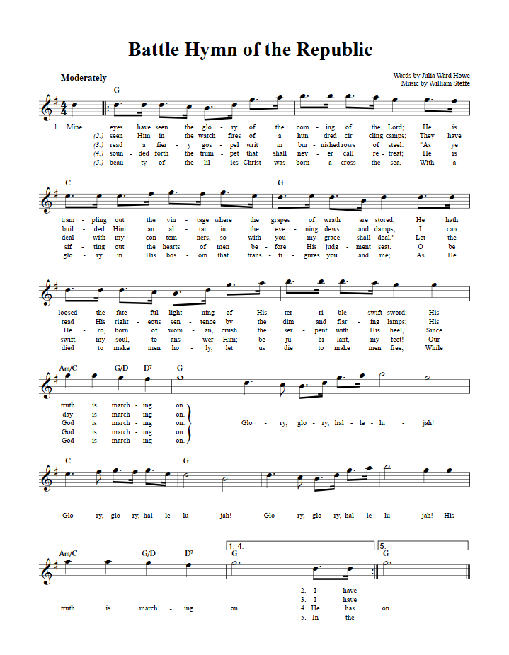 Battle Hymn of the Republic Chords, Lyrics, and Sheet Music for EFlat Instruments