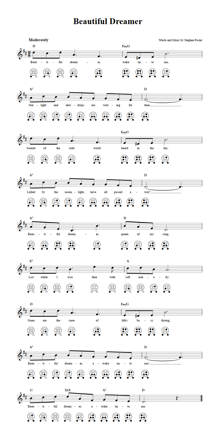 Beautiful Dreamer Chords, Sheet Music, and Tab for 6 Hole