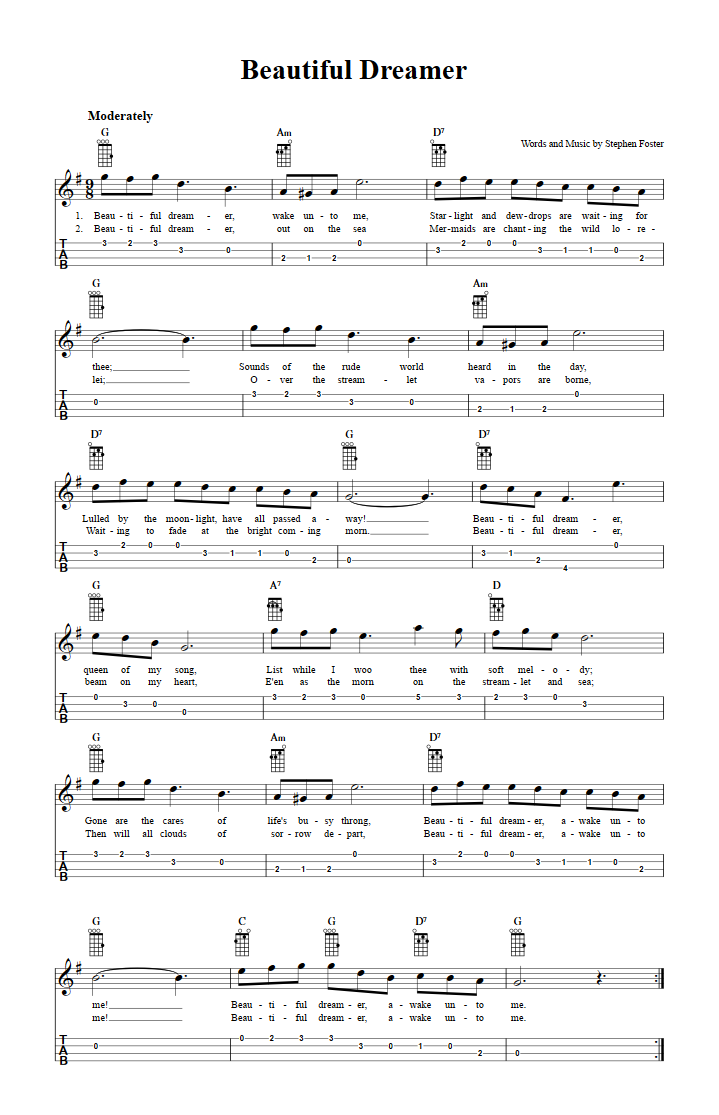 Beautiful Dreamer Chords, Sheet Music, and Tab for